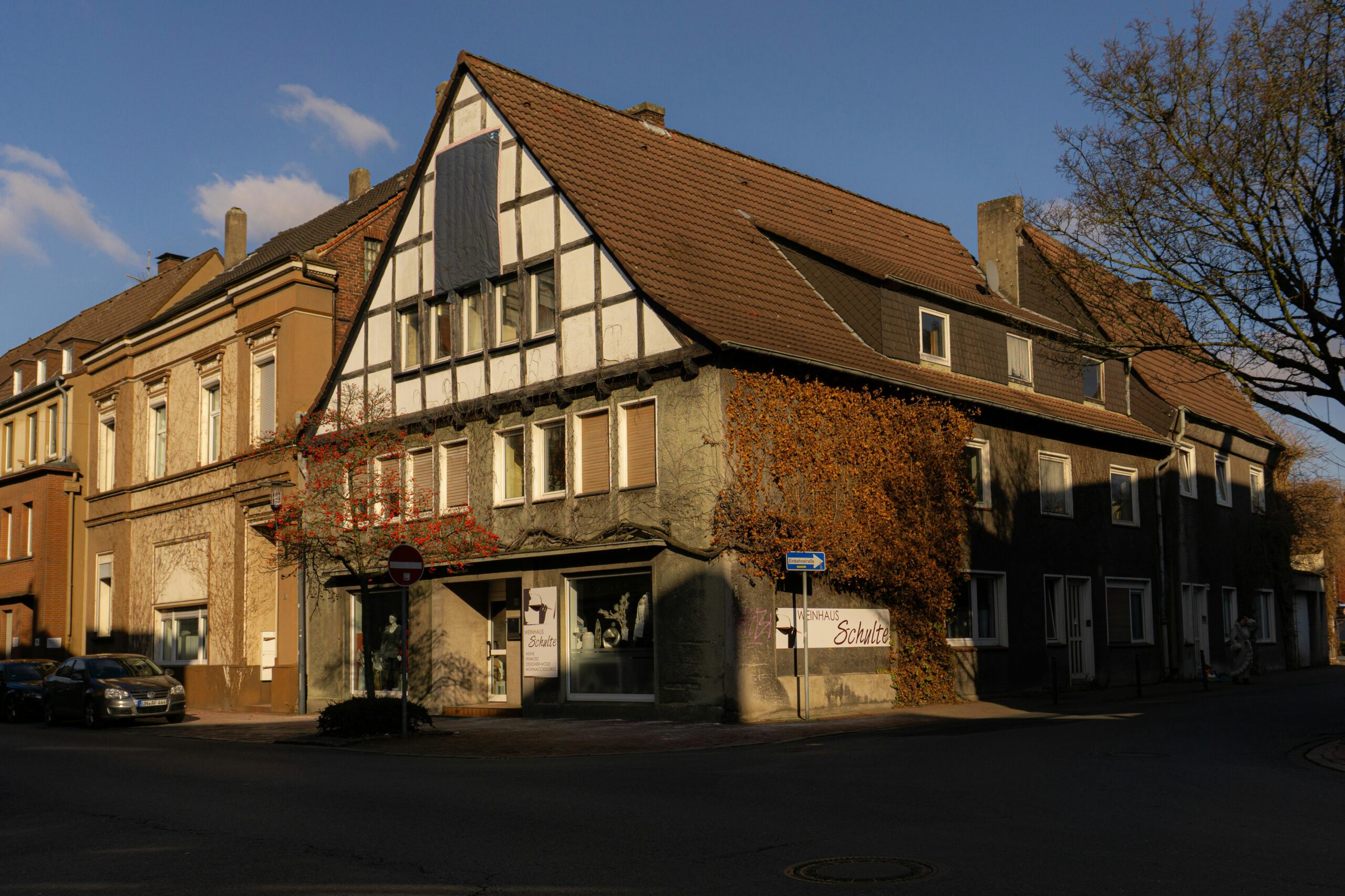 Traditional German architecture in Kamen, Germany, bathed in warm golden light.